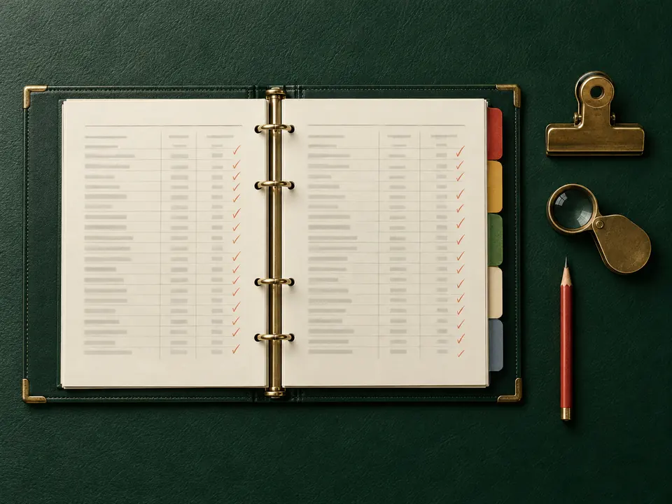An open workpaper binder on green leather, every line marked with a red tick, beside a loupe and a red pencil.