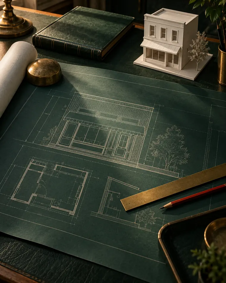 A blueprint of a shopfront on a green leather desk, held by a brass paperweight, with a brass ruler, a red pencil and a white card model of the building.