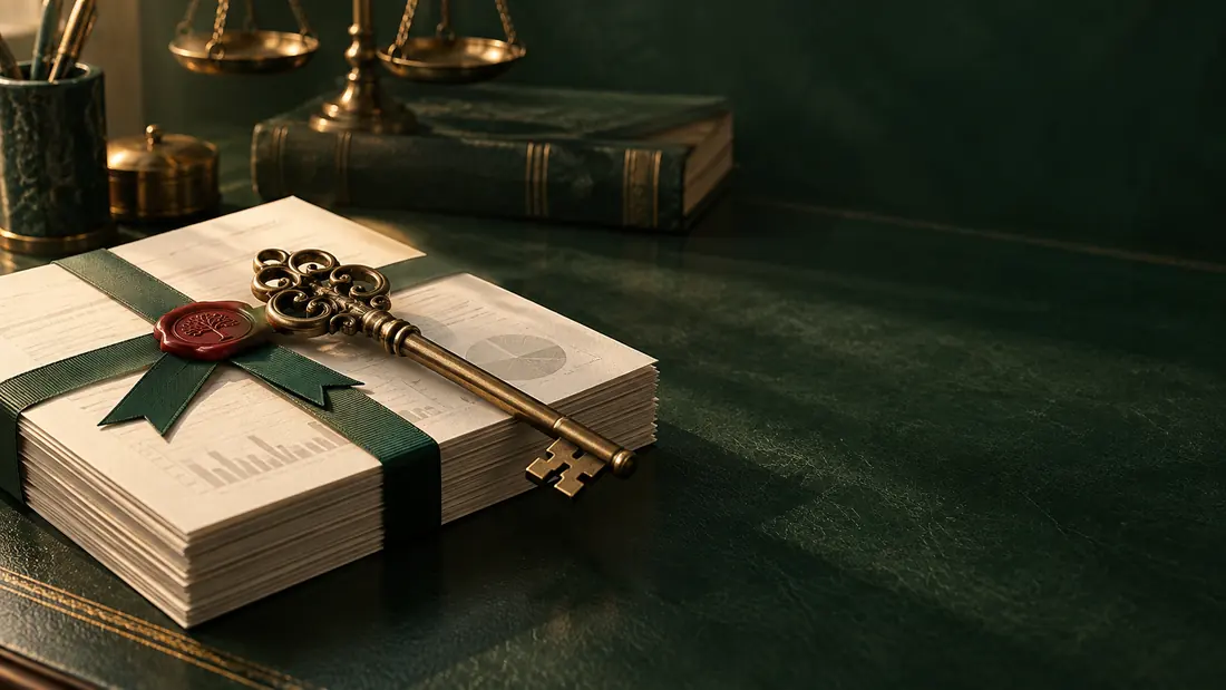 A brass key resting on a stack of financial statements tied with green ribbon and a red wax seal, on green leather, with a brass balance and a ledger behind.