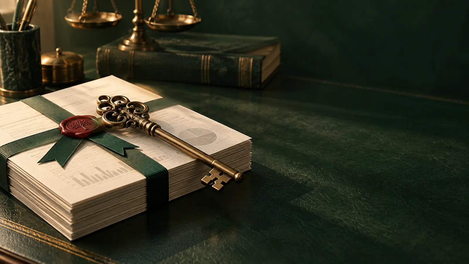 A brass key resting on a stack of financial statements tied with green ribbon and a red wax seal, on green leather, with a brass balance and a ledger behind.