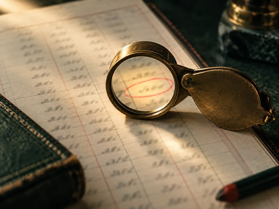A brass loupe on a ledger page, magnifying an entry circled in red pencil