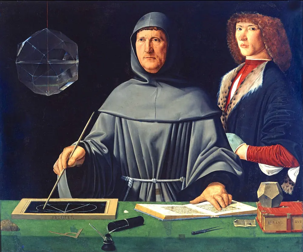 Painted portrait of Luca Pacioli in a grey friar's habit at a green table, tracing a geometric figure on a slate beside an open book, with a young man standing behind him.