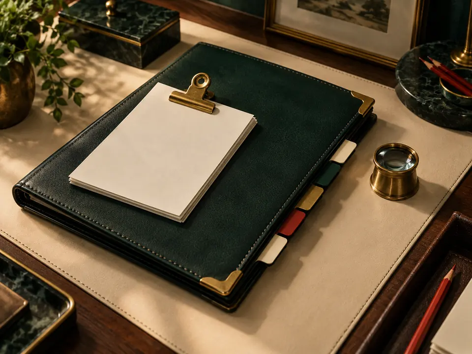 A green leather document portfolio with brass corners and coloured index tabs, a clipped stack of blank pages on top and a brass loupe beside it.