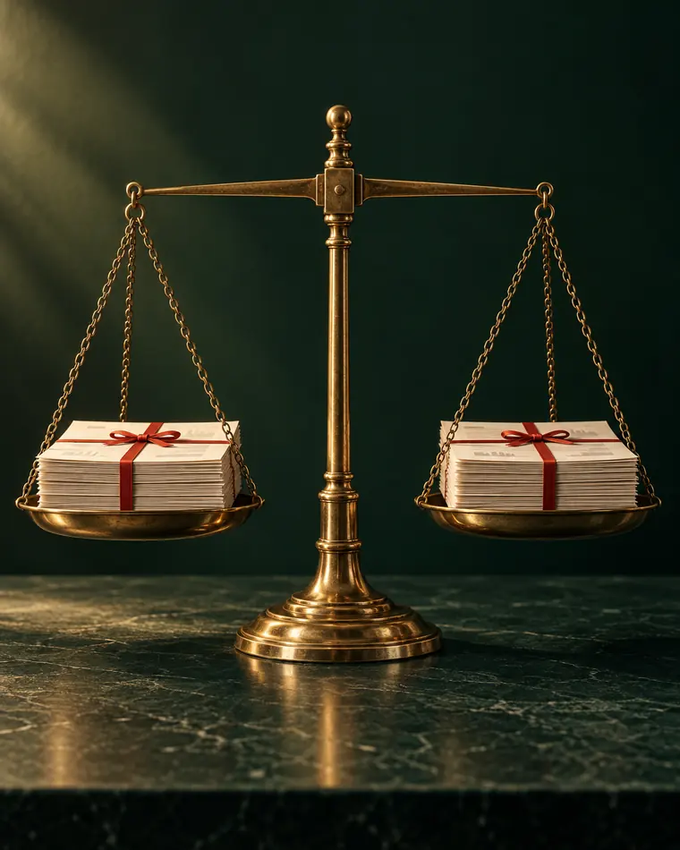 A brass balance scale holding two equal stacks of ledger paper tied with red ribbon