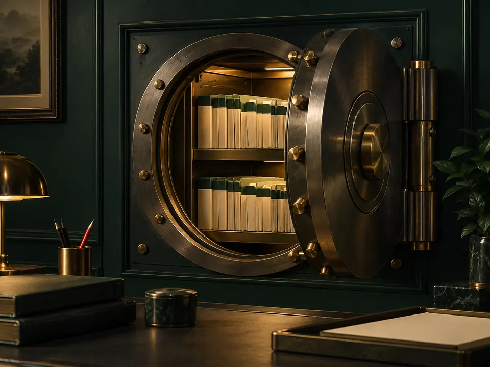 An open steel document safe in a dark green office, its shelves lined with green and cream file folders.